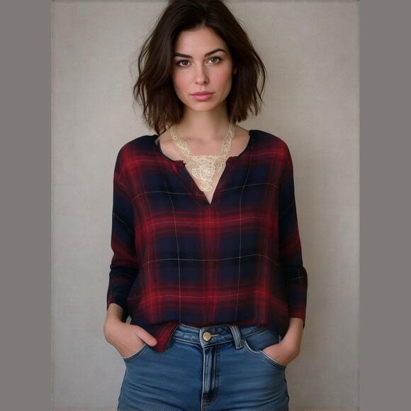 ANTHRO CLOTH & STONE Red Blue Plaid Flannel V-neck Long Sleeve Top Shirt XS - Picture 1 of 12
